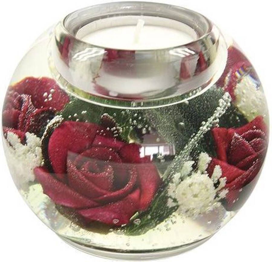 Rawa Geschenken waxinelichthouder met rode bloemen 8x9 cm handgemaakte glazen waxinelicht houder sfeervolle windlicht decoratie
