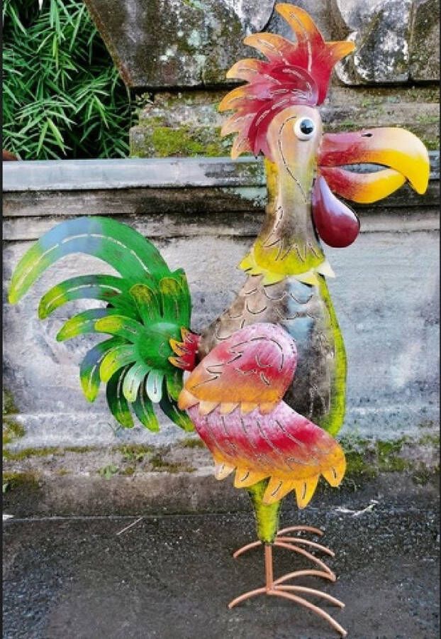 Rawa Tuinbeeld grappige haan kleurrijk 60x25x91 vreemde vogel