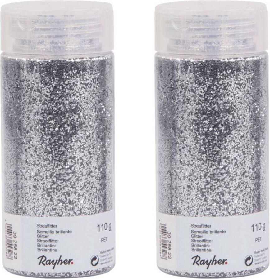 Rayher Hobby 2x Potjes hobby materiaal strooi glitters zilver 110 gram Hobbydecoratieobject