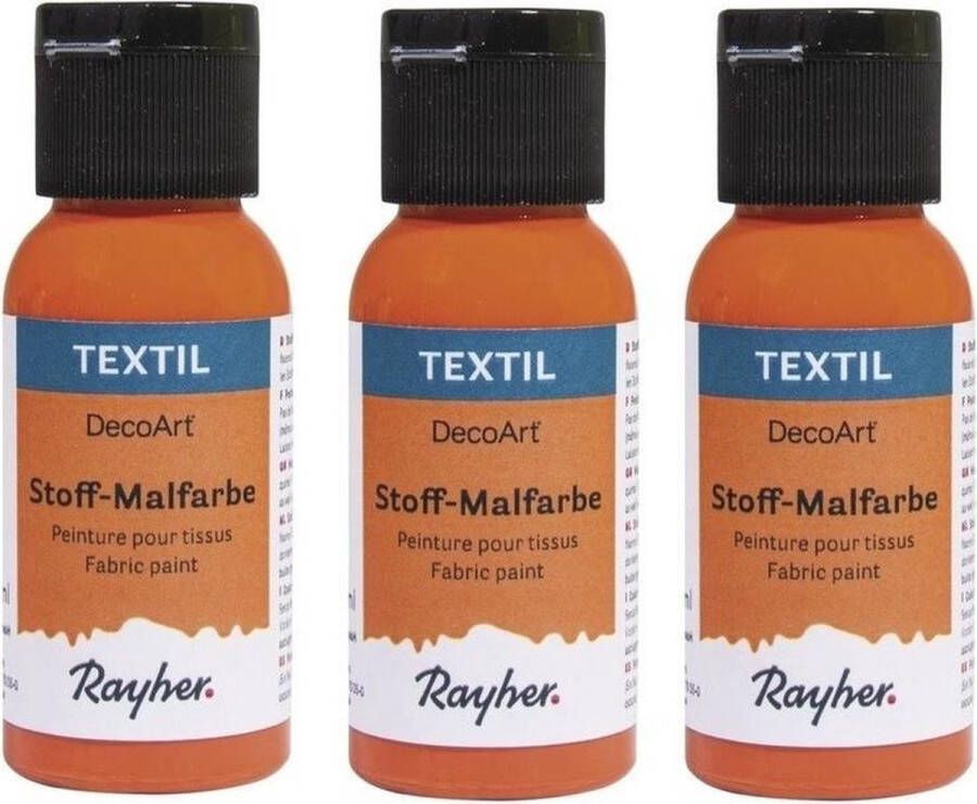 Rayher hobby materialen 3x Oranje textielverf flacon 34 ml Acryl stoffen verf