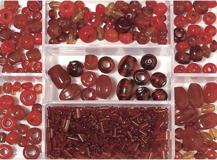Rayher hobby materialen Donkerrode glaskralen 115 gram in 7-vaks opbergbox sorteerbox kralen DIY sieraden maken Hobby knutselmateriaal