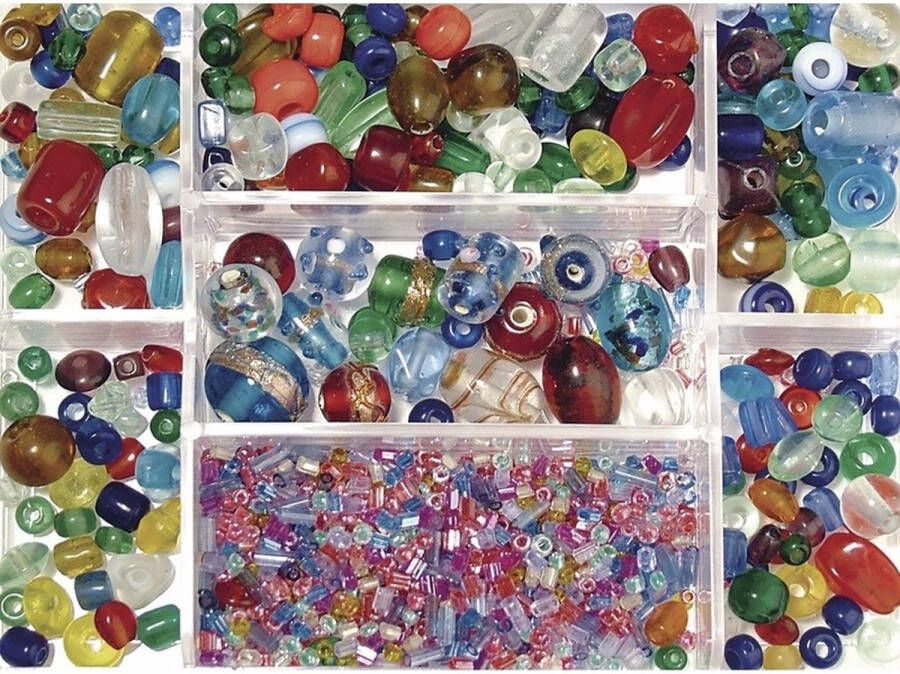Rayher hobby materialen Gekleurde glaskralen 115 gram in 7-vaks opbergbox sorteerbox kralen DIY sieraden maken Hobby knutselmateriaal