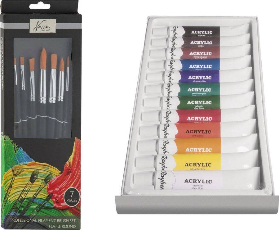 Rayher hobby materialen Rayher Hobby Acrylverf schilderset 12x gekleurde tubes van 12 ml met 7x schilderpenselen