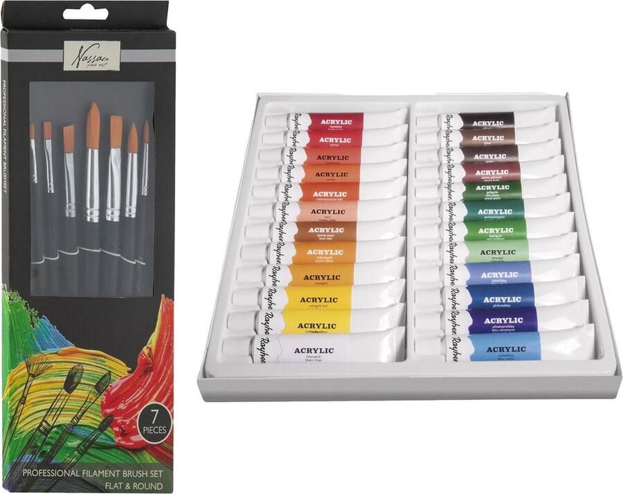 Rayher hobby materialen Rayher Hobby Acrylverf schilderset 24x gekleurde tubes van 12 ml met 7x schilderpenselen