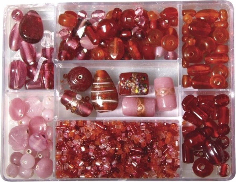 Rayher hobby materialen Rode roze glaskralen 115 gram in 7-vaks opbergbox sorteerbox kralen DIY sieraden maken Hobby knutselmateriaal