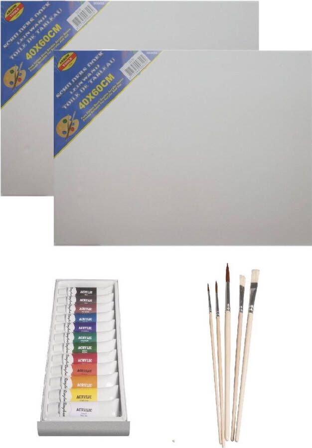 Rayher hobby materialen Schilders verf set van 12x tubes acrylverf hobbyverf 12 ml + 2x doeken van 40 x 60 cm + 5x kwasten basic kleuren in knijptubes