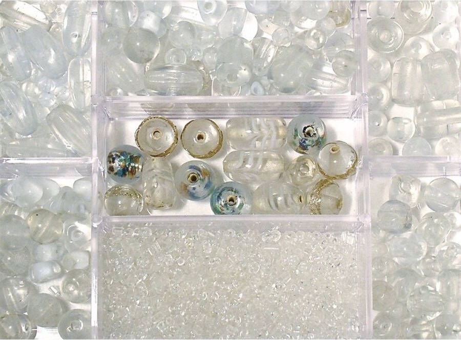 Rayher hobby materialen Transparante glaskralen 115 gram in 7-vaks opbergbox sorteerbox kralen DIY sieraden maken Hobby knutselmateriaal