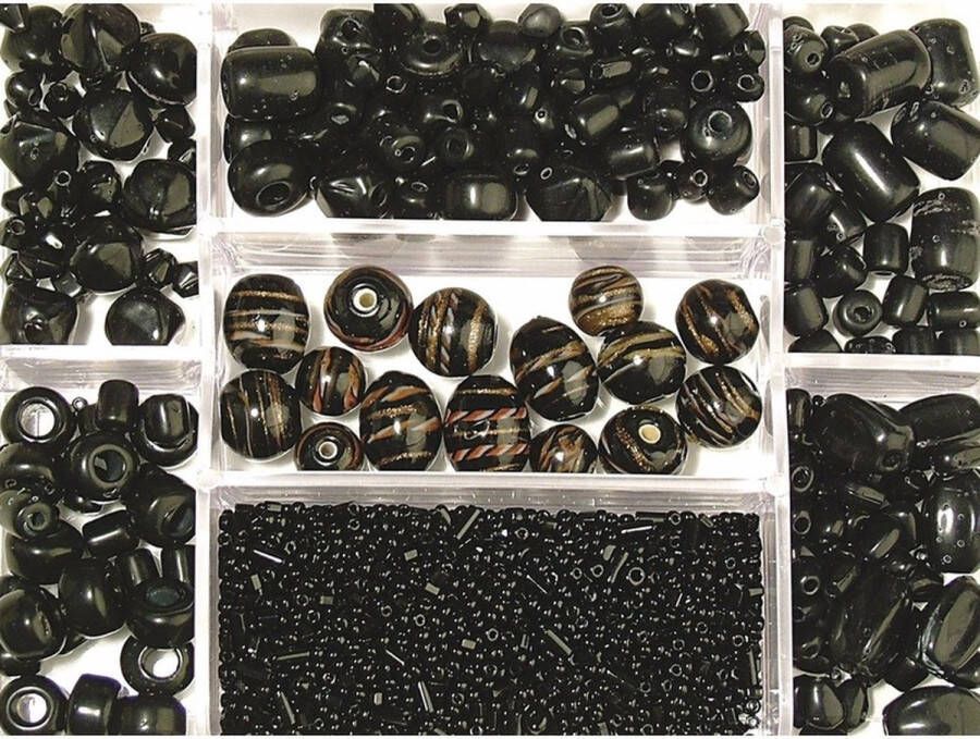 Rayher hobby materialen Zwarte glaskralen 115 gram in 7-vaks opbergbox sorteerbox kralen DIY sieraden maken Hobby knutselmateriaal