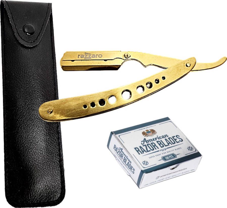Razzaro Razor + 100 American Scheermesjes Klassiek Scheermes Nat scheren Kappers mes Goud