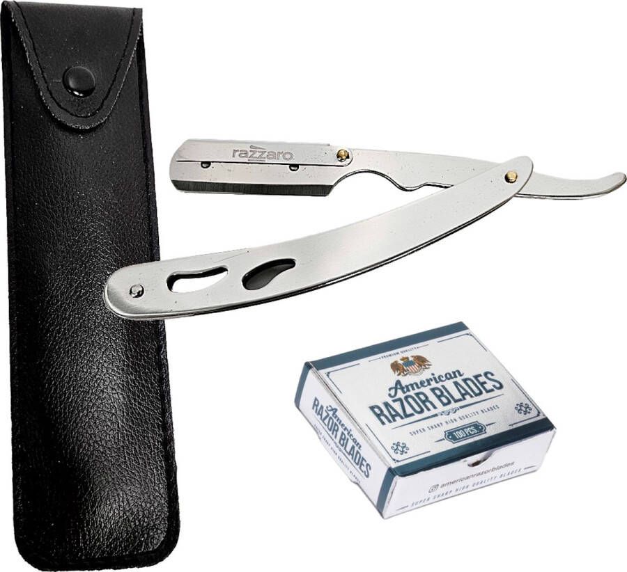 Razzaro Razor + 100 American Scheermesjes Klassiek Scheermes Nat scheren Kappers mes Zilver