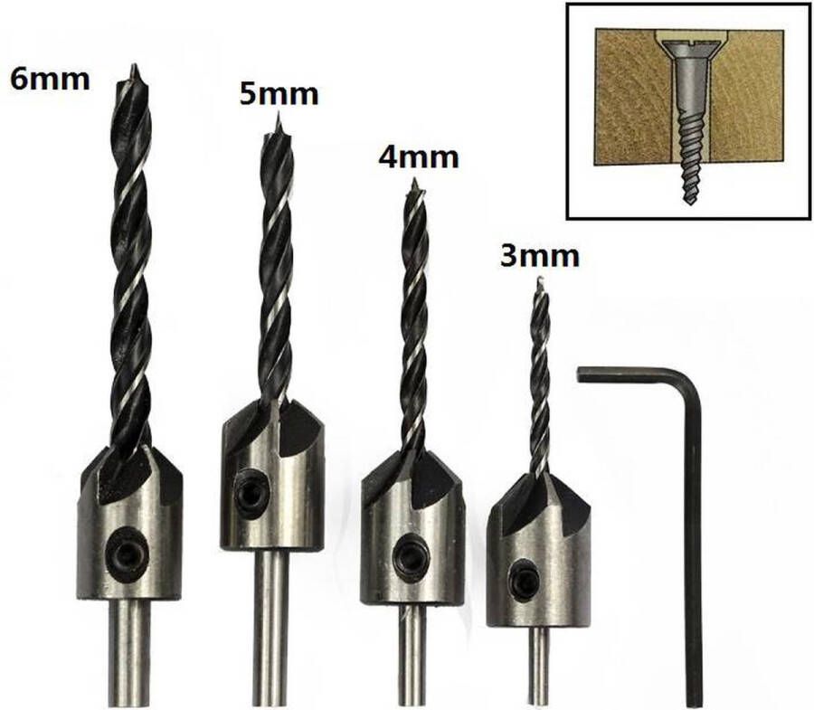 RBST Verzinkboren Set van 4 Inclusief inbus 3 4 5 6 mm Verwisselbare boren Boor met verzinkkop