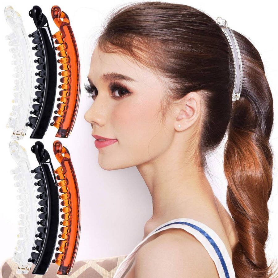 RC Roche ORNAMENT 6 Stks Womens Super Secure Grip Klauw Paardenstaart Maker Houder Banaan Haar Clips Extra Tanden Kaak Geen Slip Sluiting Klem Meisjes Dames Schoonheid Mode Accessoire Medium Helder Bruin en Zwart