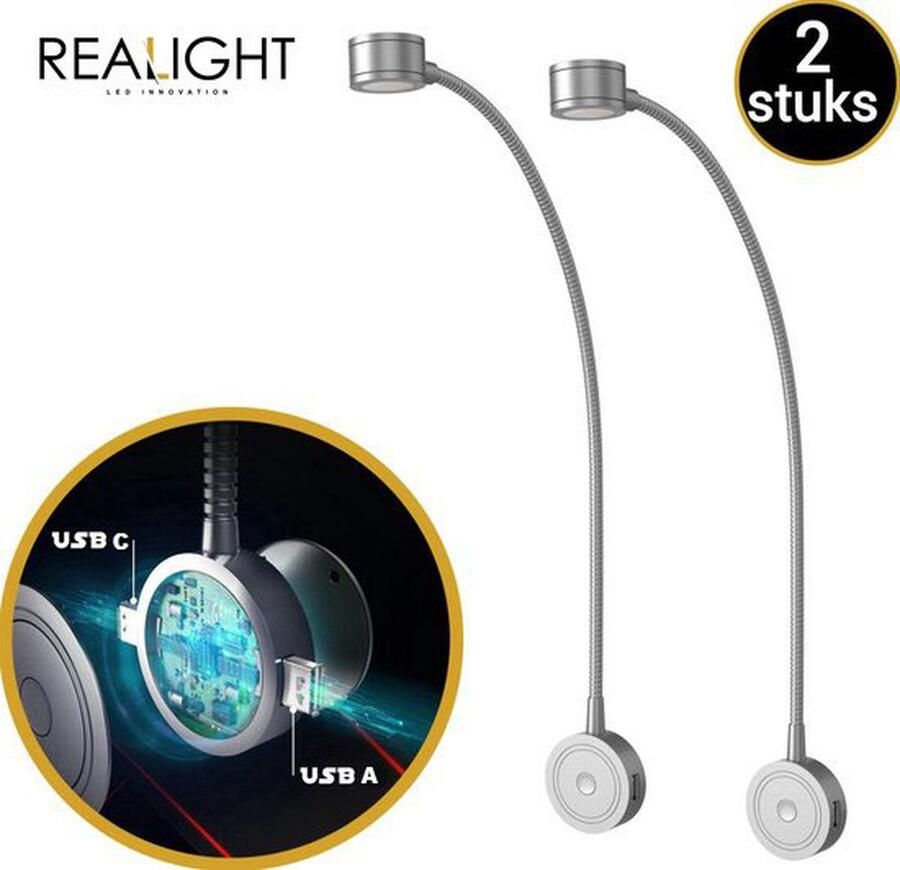 Realight Leeslampje voor in Bed met Dimfunctie LED bedlampje voor Boek Hoofdbord nachtlampjes Slaapkamer 1 USB-poort & 1 USB-C poort 360° Draaibaar Zilver 44 cm 2 Stuks