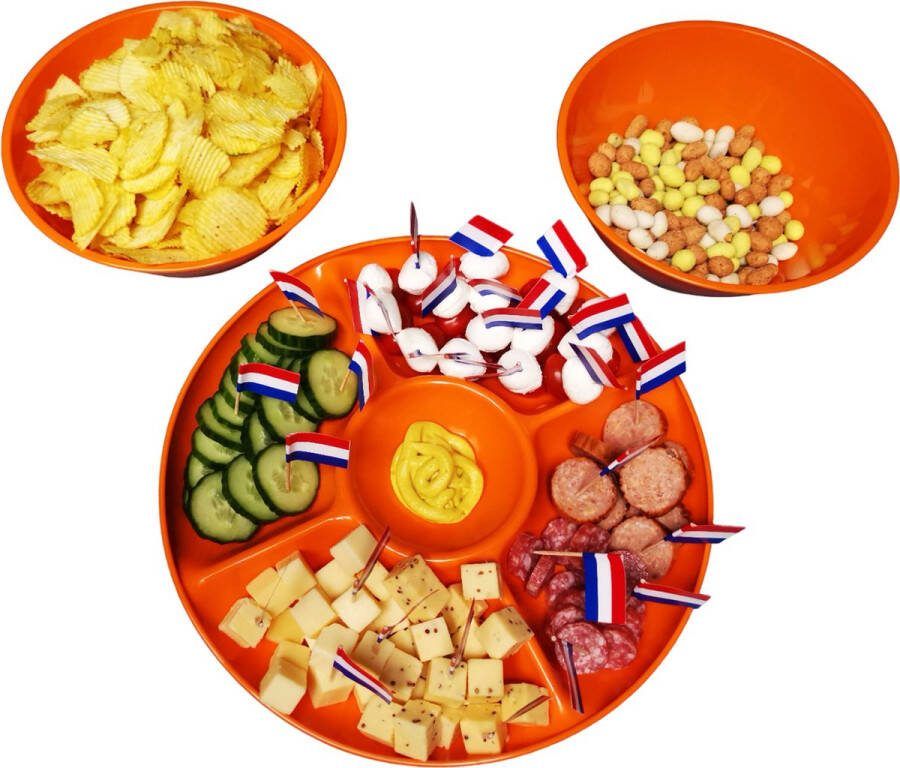 Rebedex 3 stuks Oranje Party snack tapas schalen + 3 stuks Oranje chips bakjes voetbal Nederland