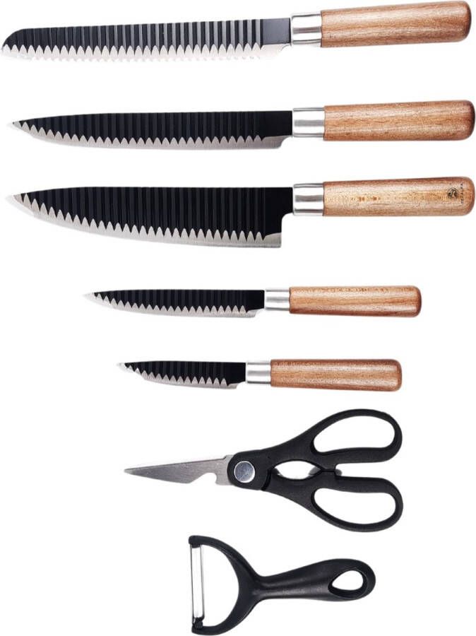 Recalma Keukenmessen Messenset van 7 – Koksmes – Japanse Mes Incl. Schaar en Aardappelschiller RVS Houtlook Handvat