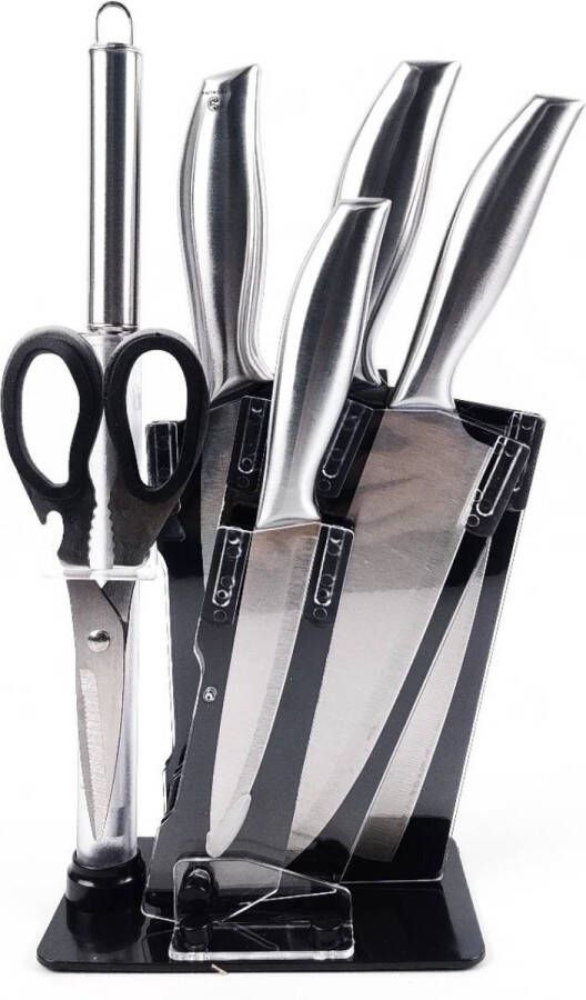 Recalma Messenset met Messenblok Hakmes – Santoku Mes RVS – Koksmes – Vaatwasserbestendig Incl. Schaar en Slijper – Draaibare Messen Standaard