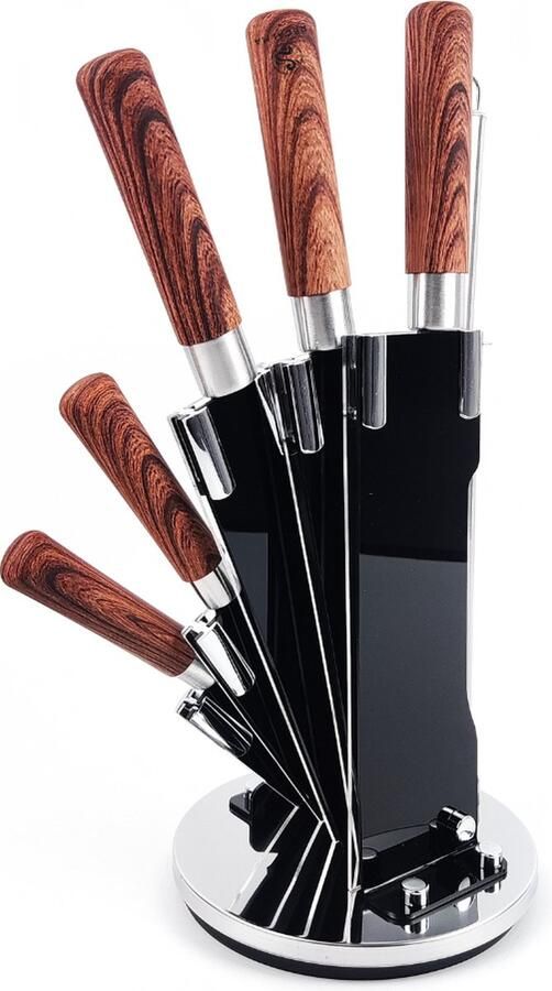 Recalma Messenset Houtlook Messenblok Vleesmes – Santoku Mes RVS – Broodmes – Vaatwasserbestendig Incl. Schaar en Slijper – Messen Standaard