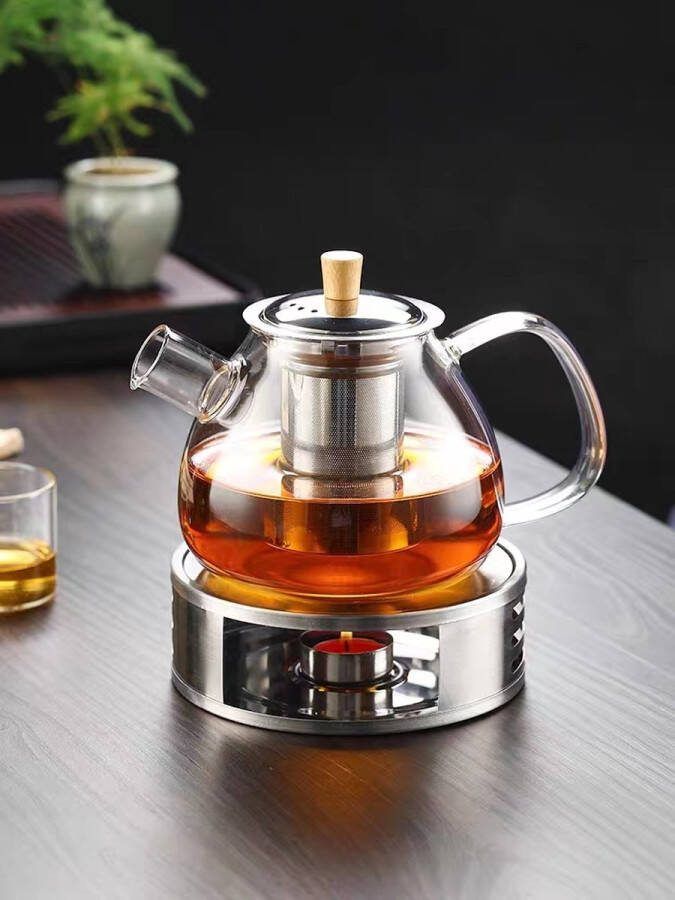 ReCiton glazen theepot 1.5 liter met filter en theelicht warmhouder rvs zeef