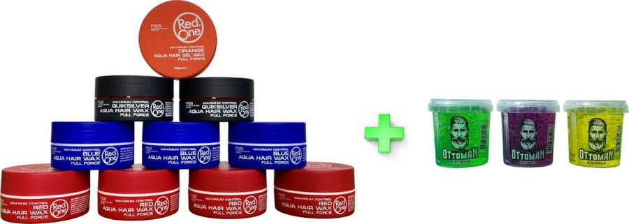 Red One 10-pack Voordeelbundel Aqua Hair Wax 4x Red + 3x Blue + 2x Quicksilver + 1x Orange 150ml + 3 stuks Topkwaliteit Ottoman Ultra Strong Hair Gel 150ml RedOne Extra voordelig Haargel Haarwax – Sterke Hold Kapperskwaliteit