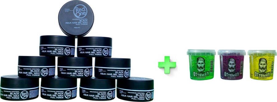 Red One 10-pack Voordeelbundel Aqua Hair Wax Black Meloen Citroen 150ml + 3 stuks Topkwaliteit Ottoman Ultra Strong Hair Gel 150ml RedOne Extra voordelig Haargel Haarwax Sterke Hold Kapperskwaliteit