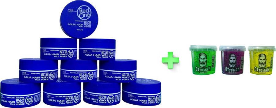 Red One 10-pack Voordeelbundel Aqua Hair Wax Blue 150ml + 3 stuks Topkwaliteit Ottoman Ultra Strong Hair Gel 150ml RedOne Extra voordelig Haargel Haarwax Sterke Hold Kapperskwaliteit