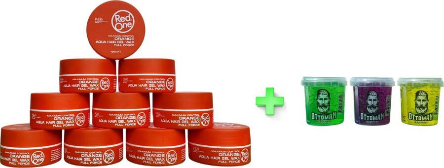 Red One 10-pack Voordeelbundel Aqua Hair Wax Orange Sinaasappel 150ml + 3 stuks Topkwaliteit Ottoman Ultra Strong Hair Gel 150ml RedOne Extra voordelig Haargel Haarwax Sterke Hold Kapperskwaliteit