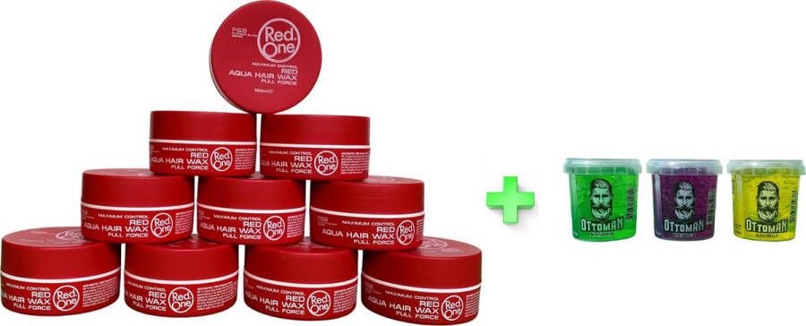 Red One 10-pack Voordeelbundel Aqua Hair Wax Red Watermeloen 150ml + 3 stuks Topkwaliteit Ottoman Ultra Strong Hair Gel 150ml RedOne Extra voordelig Haargel Haarwax Sterke Hold Kapperskwaliteit