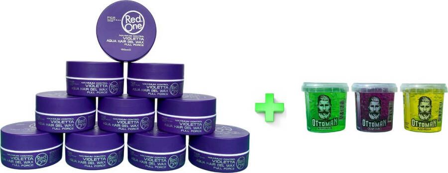 Red One 10-pack Voordeelbundel Aqua Hair Wax Violetta Bosbessen 150ml + 3 stuks Topkwaliteit Ottoman Ultra Strong Hair Gel 150ml RedOne Extra voordelig Haargel Haarwax Sterke Hold Kapperskwaliteit