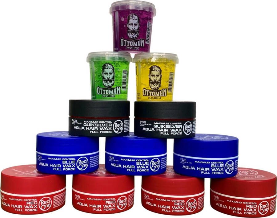 Red One 9-pack Voordeelbundel Aqua Hair Wax 4x Red + 3x Blue + 2x Quicksilver 150ml + 3 stuks Topkwaliteit Ottoman Ultra Strong Hair Gel 150ml RedOne Extra voordelig Haargel Haarwax – Sterke Hold Kapperskwaliteit