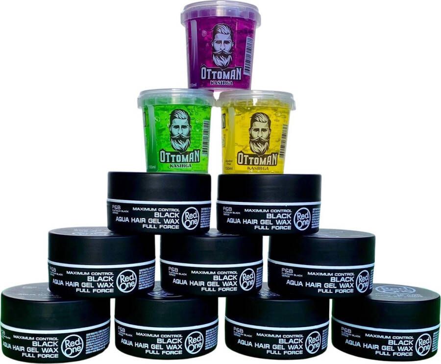 Red One 9-pack Voordeelbundel Aqua Hair Wax Black Meloen Citroen 150ml + 3 stuks Topkwaliteit Ottoman Ultra Strong Hair Gel 150ml RedOne Extra voordelig Haargel Haarwax Sterke Hold Kapperskwaliteit