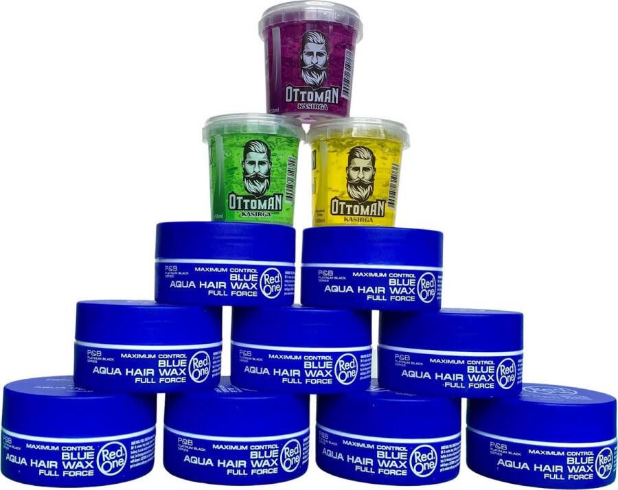 Red One 9-pack Voordeelbundel Aqua Hair Wax Blue 150ml + 3 stuks Topkwaliteit Ottoman Ultra Strong Hair Gel 150ml RedOne Extra voordelig Haargel Haarwax Sterke Hold Kapperskwaliteit