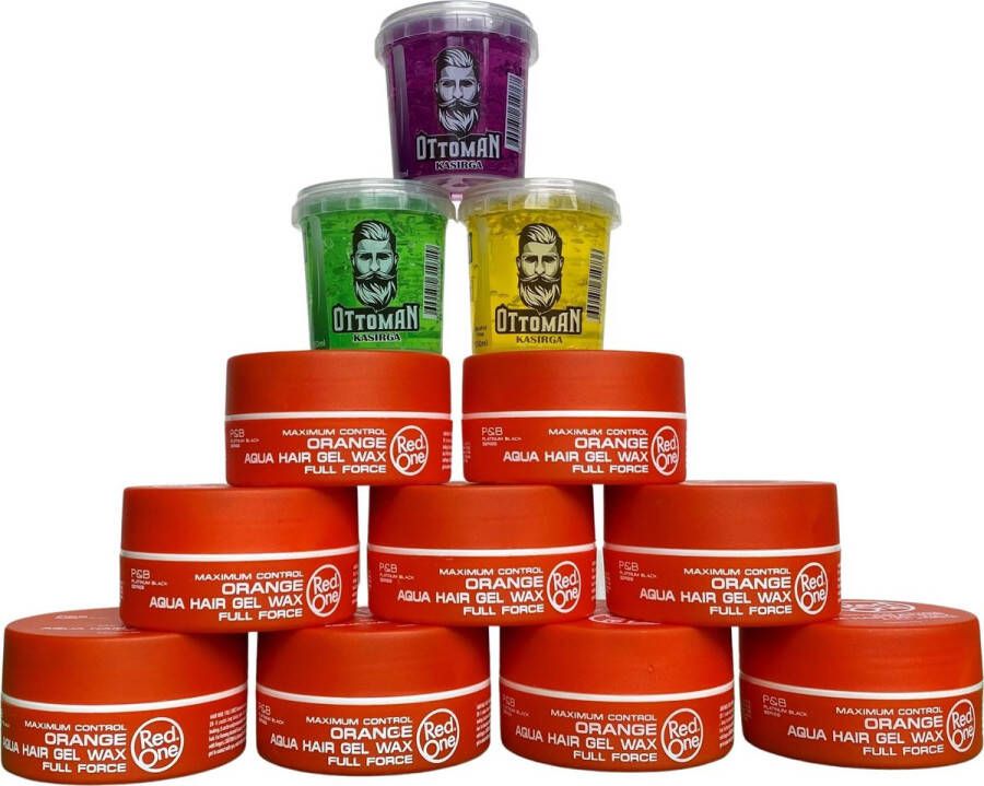 Red One 9-pack Voordeelbundel Aqua Hair Wax Orange Sinaasappel 150ml + 3 stuks Topkwaliteit Ottoman Ultra Strong Hair Gel 150ml RedOne Extra voordelig Haargel Haarwax Sterke Hold Kapperskwaliteit