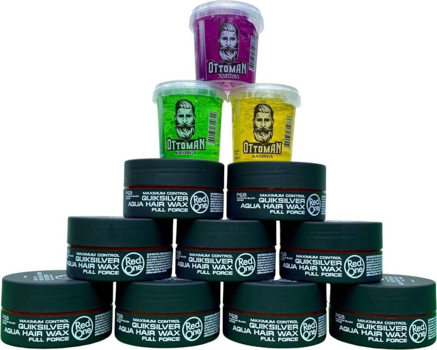 Red One 9-pack Voordeelbundel Aqua Hair Wax Quicksilver Grijs 150ml + 3 stuks Topkwaliteit Ottoman Ultra Strong Hair Gel 150ml RedOne Extra voordelig Haargel Haarwax Sterke Hold Kapperskwaliteit