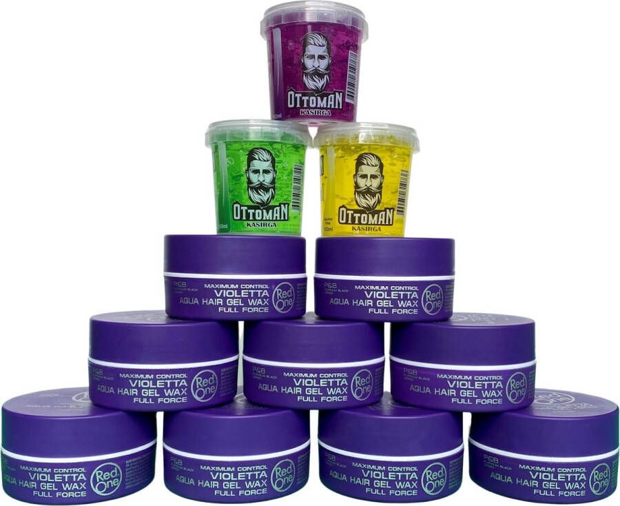 Red One 9-pack Voordeelbundel Aqua Hair Wax Violetta Bosbessen 150ml + 3 stuks Topkwaliteit Ottoman Ultra Strong Hair Gel 150ml RedOne Extra voordelig Haargel Haarwax Sterke Hold Kapperskwaliteit