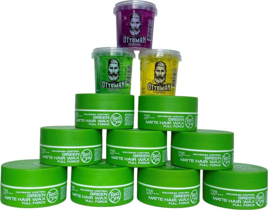 Red One 9-pack Voordeelbundel Green Matte Look 150ml + 3 stuks Topkwaliteit Ottoman Ultra Strong Hair Gel 150ml RedOne Extra voordelig Haargel Haarwax Natuurlijke Look Kapperskwaliteit