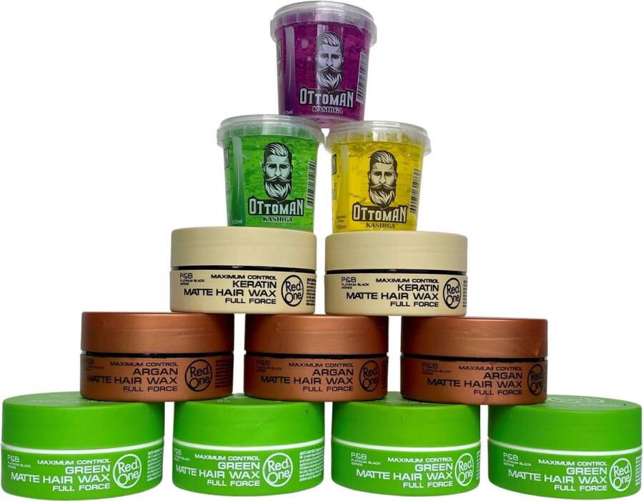 Red One 9-pack Voordeelbundel Hair Wax 4x Green Matte + 3x Argan Matte + 2x Keratin Matte 150ml + 3 stuks Topkwaliteit Ottoman Ultra Strong Hair Gel 150ml RedOne Extra voordelig Haargel Haarwax – Matte Finish Natuurlijke Look