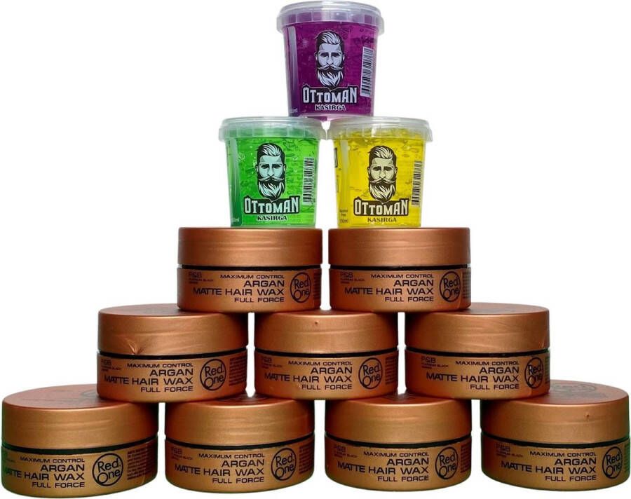 Red One 9-pack Voordeelbundel Hair Wax Argan Matte Finish 150ml + 3 stuks Topkwaliteit Ottoman Ultra Strong Hair Gel 150ml RedOne Extra voordelig Haargel Haarwax Matte Finish Natuurlijke Look Kapperskwaliteit