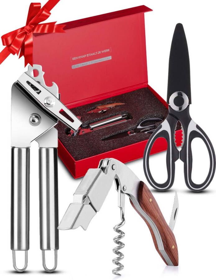 Rednas Blikopener pakket Openers incl. giftbox Kerst Cadeautjes 3delig Kurkentrekker Keukenschaar Flesopener RVS