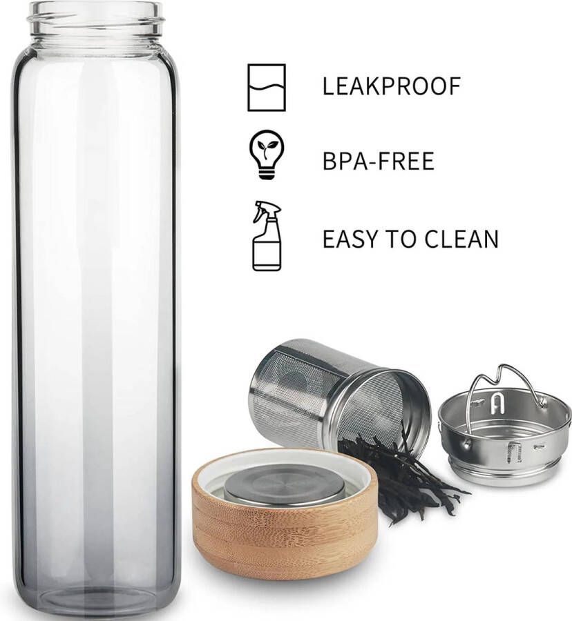 Reeho Theefles van glas met roestvrijstalen zeef 1000 ml 1 liter glazen waterfles met neopreen hoes theepot met filter to go waterfles van borosilicaatglas BPA-vrij