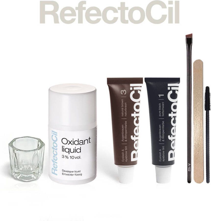 Refectocil Volledige Kit: 2 stuks (nr. 1 Zwart & nr. 3 Natuurbruin) + 100ml Oxidant + Dap en Dish + Wenkbrauwborstel & Penseel