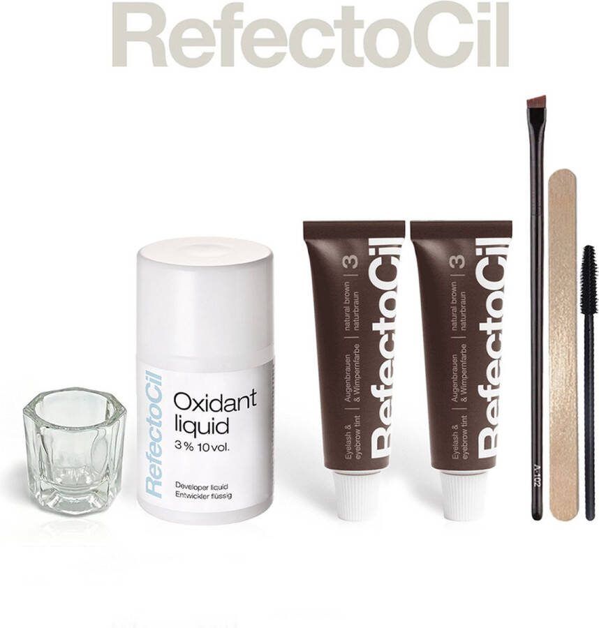 Refectocil Volledige Kit: 2 stuks (nr. 3 Natuurbruin & nr. 3 Natuurbruin) + 100ml Oxidant + Dap en Dish + Wenkbrauwborstel & Penseel