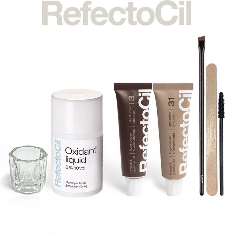 Refectocil Volledige Kit: 2 stuks (nr. 3 Natuurbruin & nr. 3.1 Lichtbruin) + 100ml Oxidant + Dap en Dish + Wenkbrauwborstel & Penseel