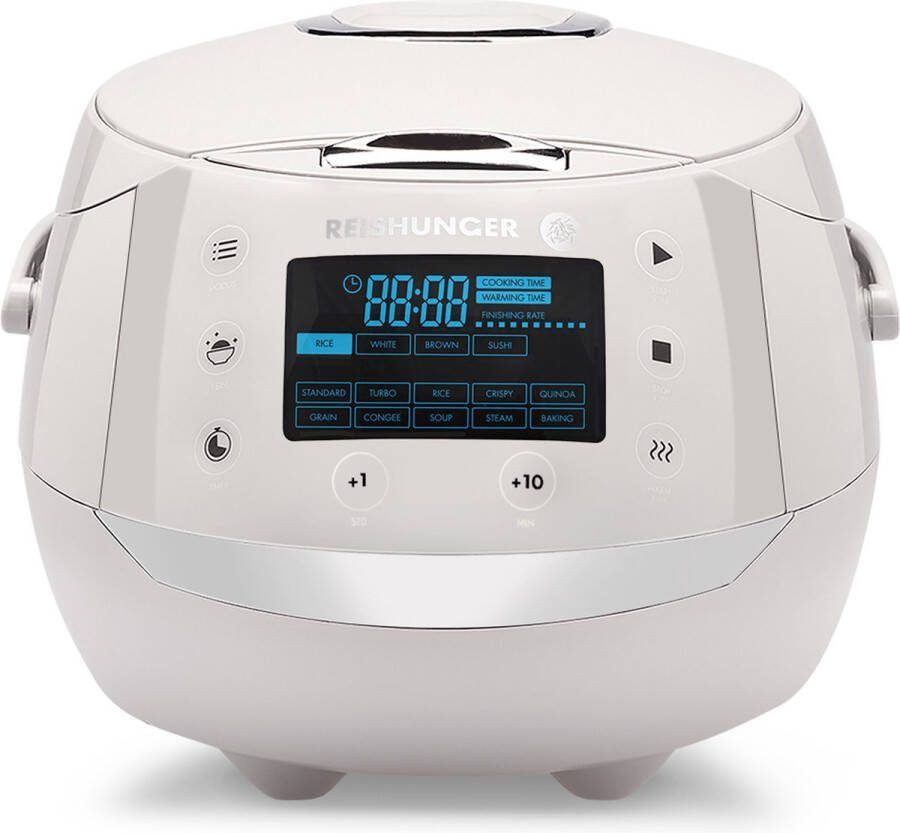 Reishunger Digitale Rijstkoker in Grijs Multicooker met 12 programma's stoominzet premium binnenpan timer en warmhoudfunctie Rijst voor maximaal 8 personen