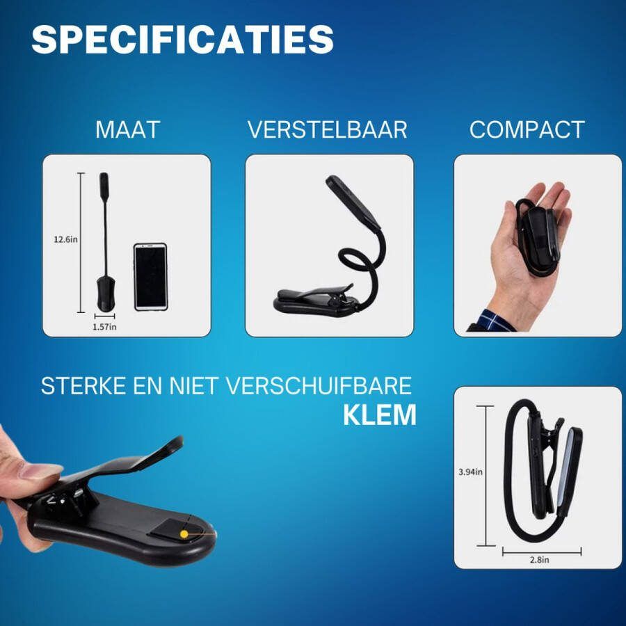 Relaatable Leeslamp Leeslampje voor Boek met Klem Bedlamp met 9 standen Oplaadbare leeslamp Zwart