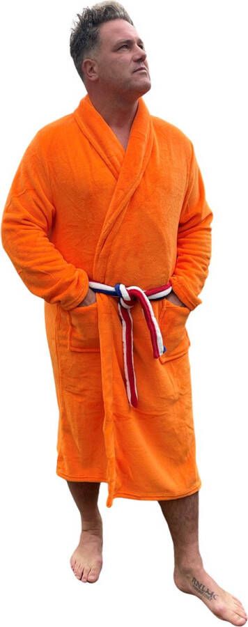 Relax Company Badjas oranje – Hup Holland Hup – fleece – limited edition – badjas ik hou van Holland – heren badjas dames badjas maat Xl XXL
