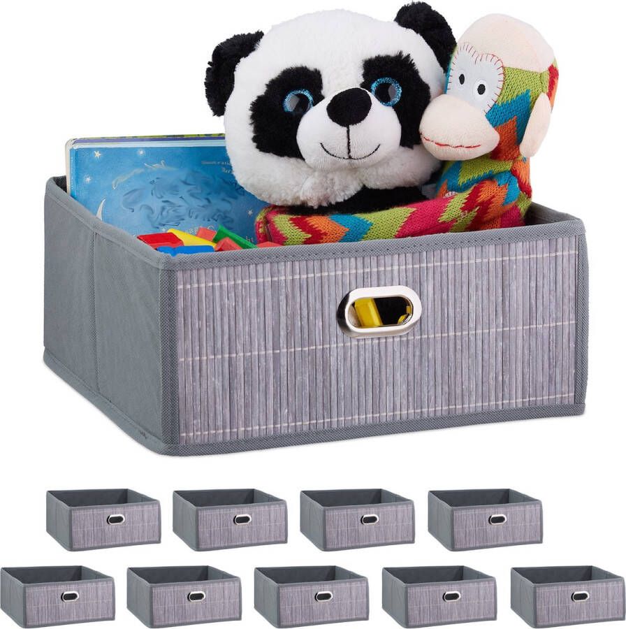 Relaxdays 10 x opbergmand badkamer bamboe mand opbergdoos stof opbergbox grijs