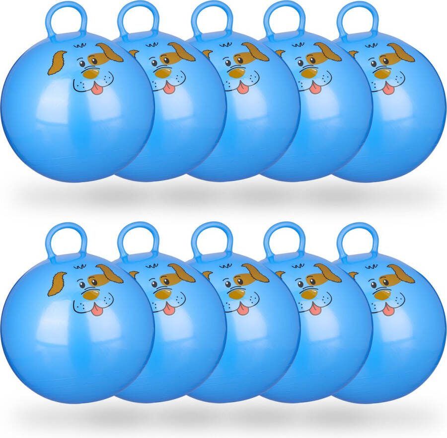 Relaxdays 10 x skippybal in set voor kinderen hond design springbal blauw