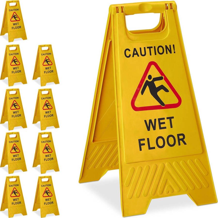 Relaxdays 10 x waarschuwingsbord „Caution Wet Floor“ klapbaar gladde vloer bord geel