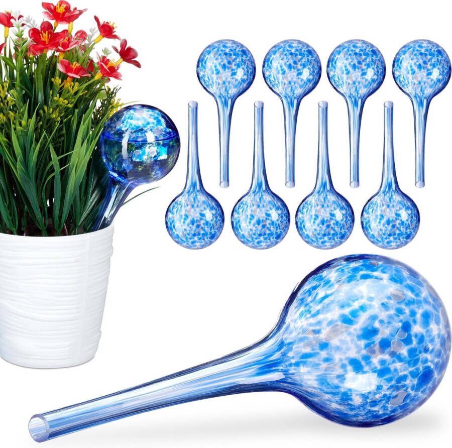 Relaxdays 10 x waterdruppelaar glas waterbollen voor planten Ø6cm – blauw