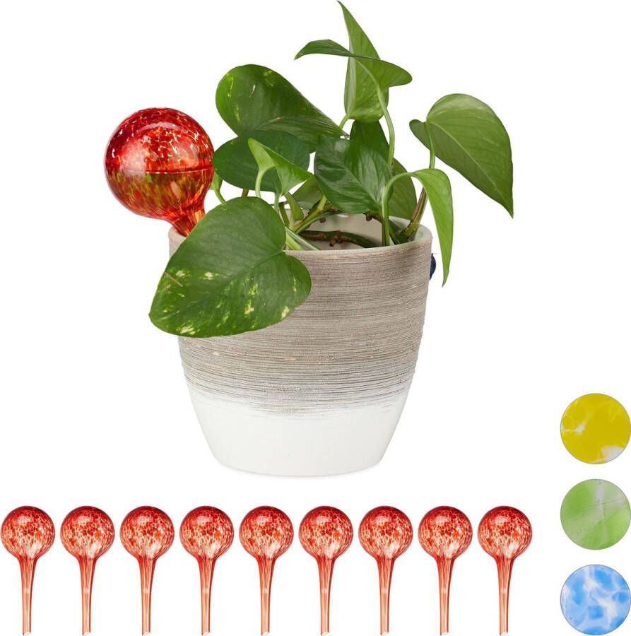 Relaxdays 10 x waterdruppelaar glas waterbollen voor planten Ø6cm – rood